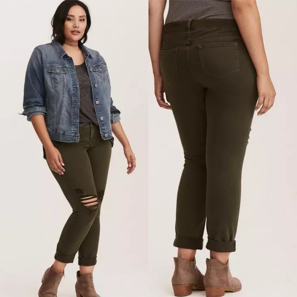 Torrid Boyfriend Jean - Distressed Olive Wash Size 12R - Picture 1 of 9